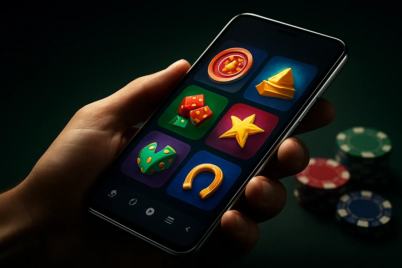 Flagship Android smartphone displaying premium casino app interface in dramatic lighting