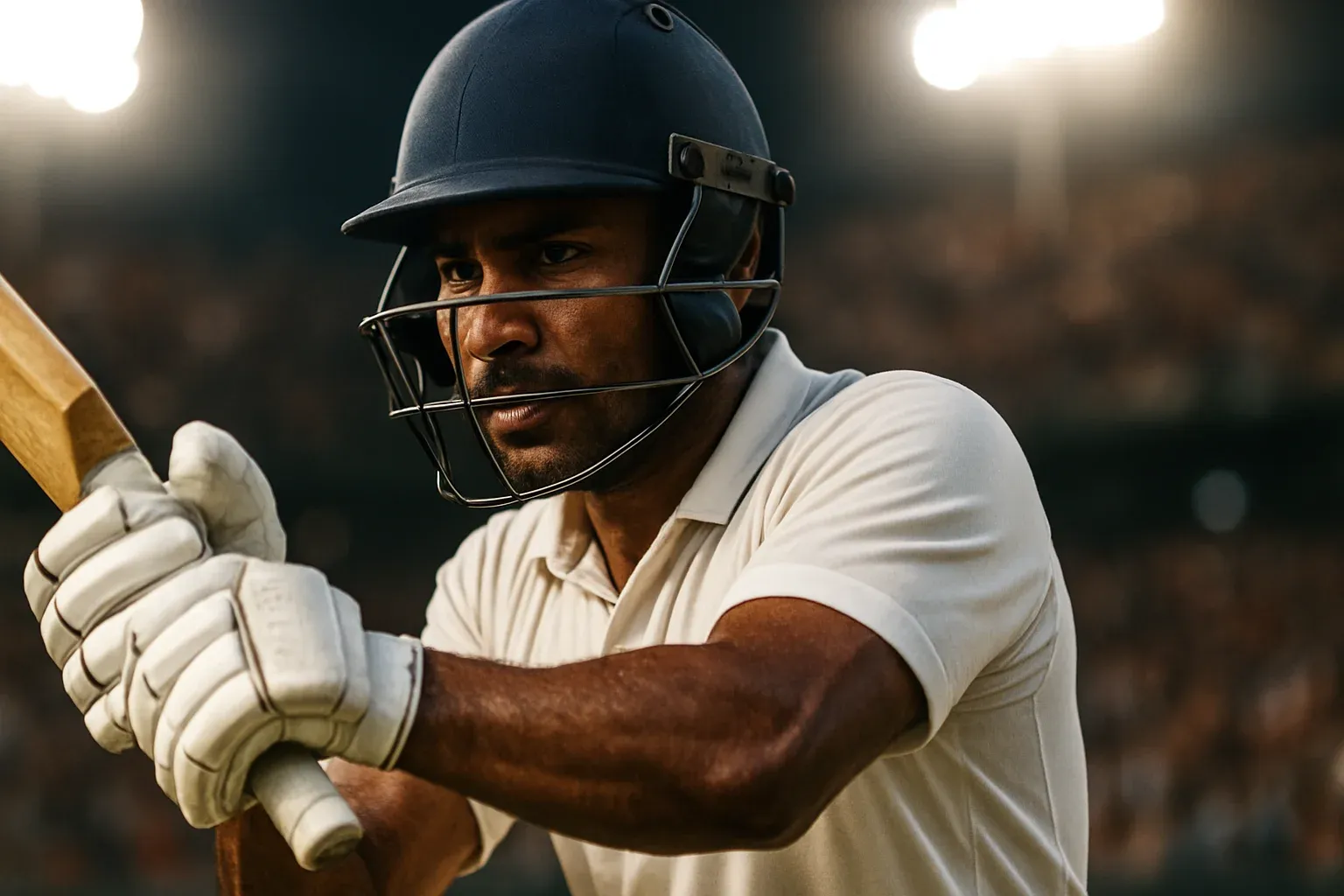 Bangladeshi male cricket batsman in white kit mid-swing under stadium lights