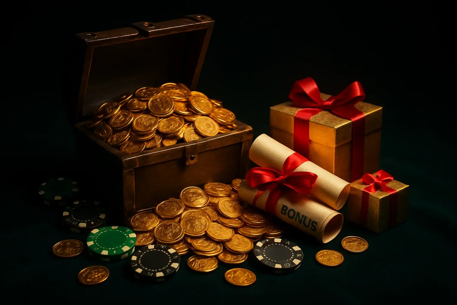 Overflowing treasure chest with coins, casino chips, vouchers, and gift boxes