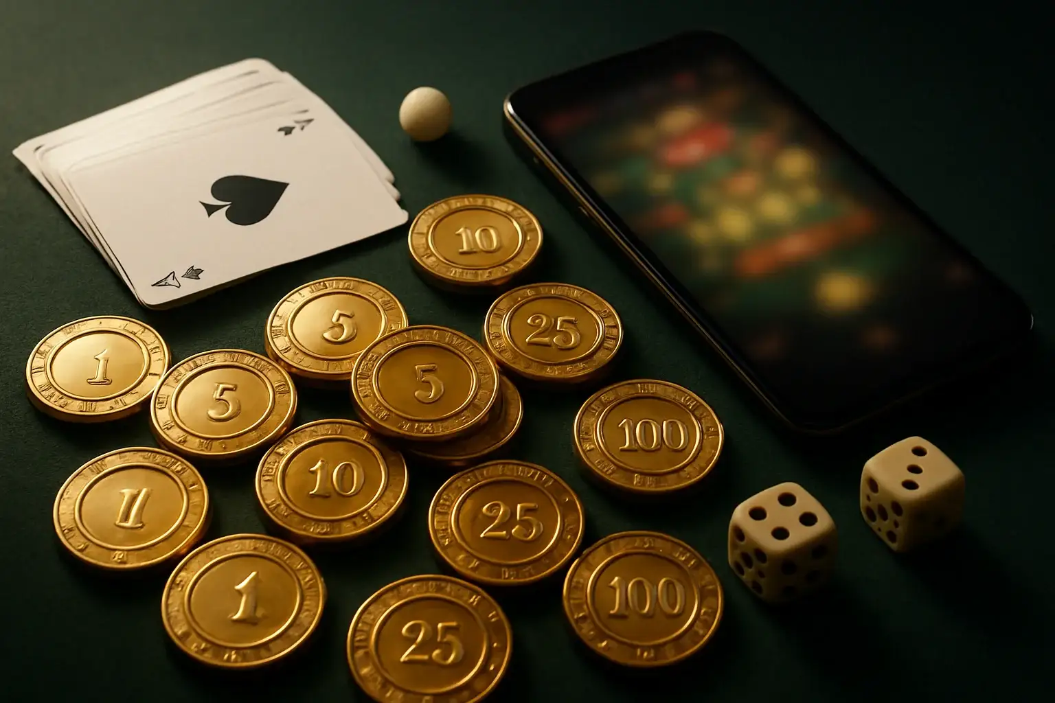 Top-down casino table with gold chips, cards, dice, roulette ball, smartphone