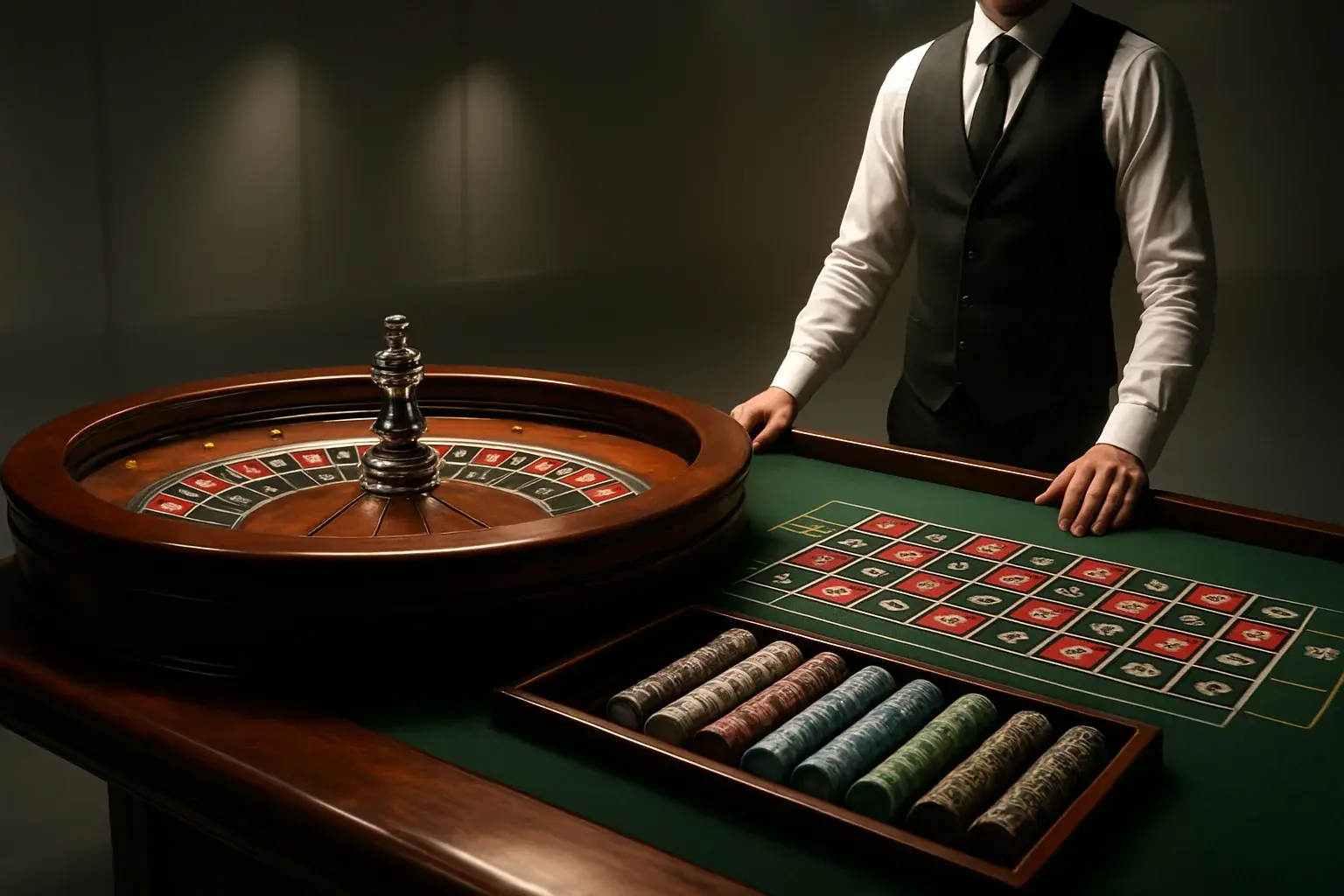 Hyperrealistic live casino studio with empty roulette table and dramatic lighting