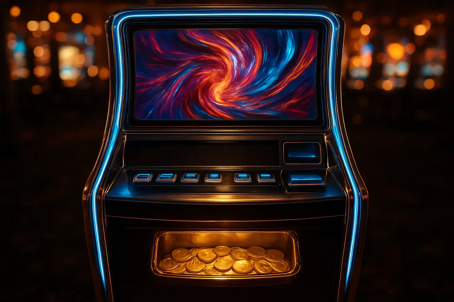 Hyperrealistic premium slot machine glowing in dark luxury casino floor